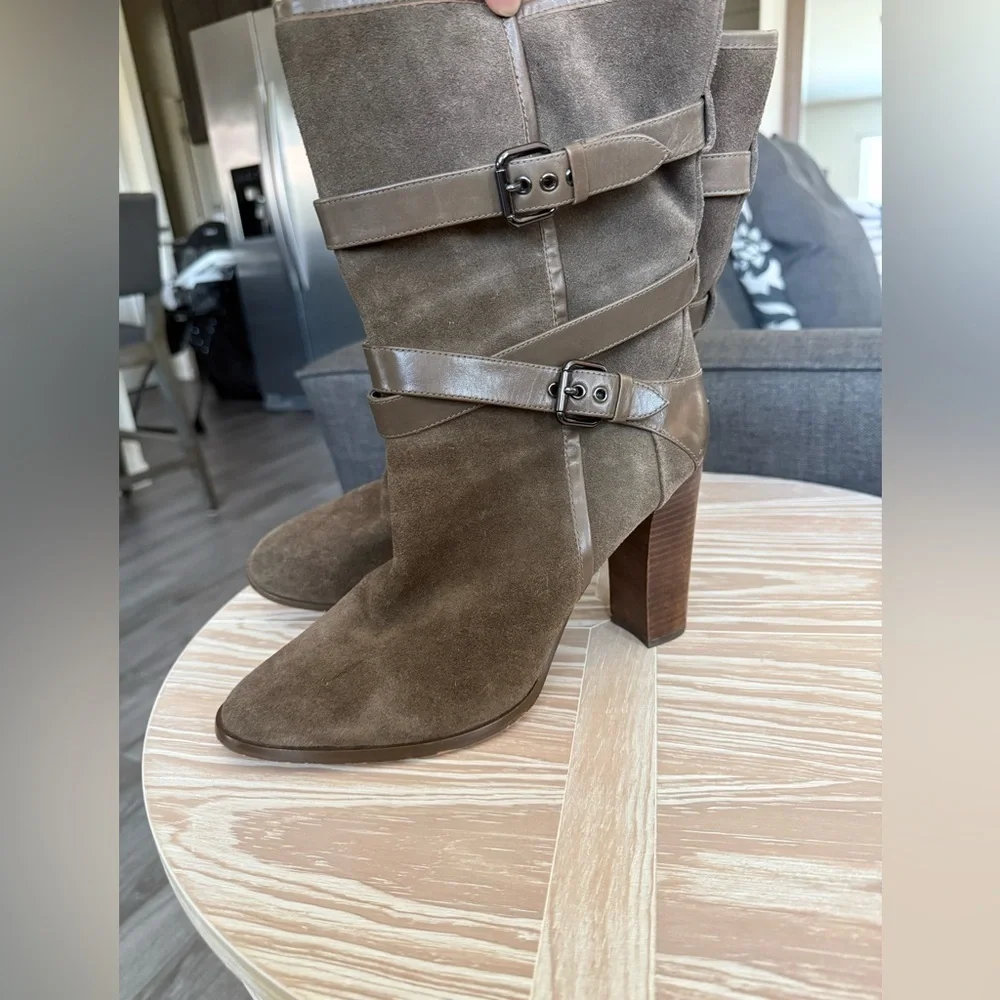 COACH|Brown Suede boots with western buckle details,wooden block heel•••SIZE 10